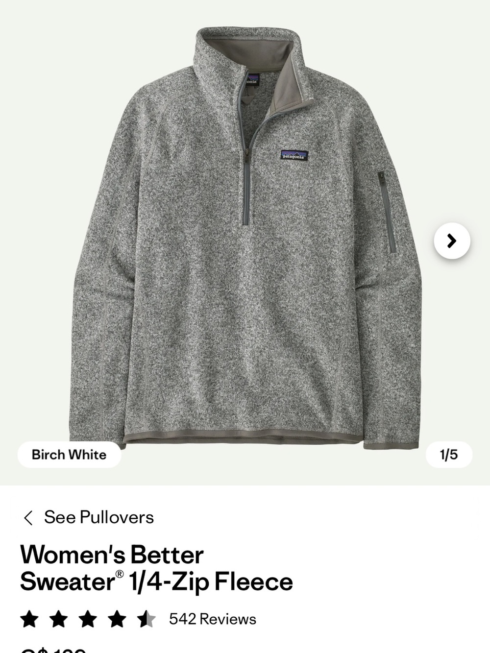 Patagonia women’s  Birch White 1/4-Zip Fleece Pullover